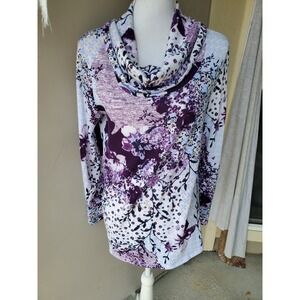 Chicos Cowl Neck Shirt Purple White Floral Elegant Twee Tunic Top Womens Large